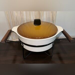 MCM Ceramic Casserole Serving Dish Teak Handles